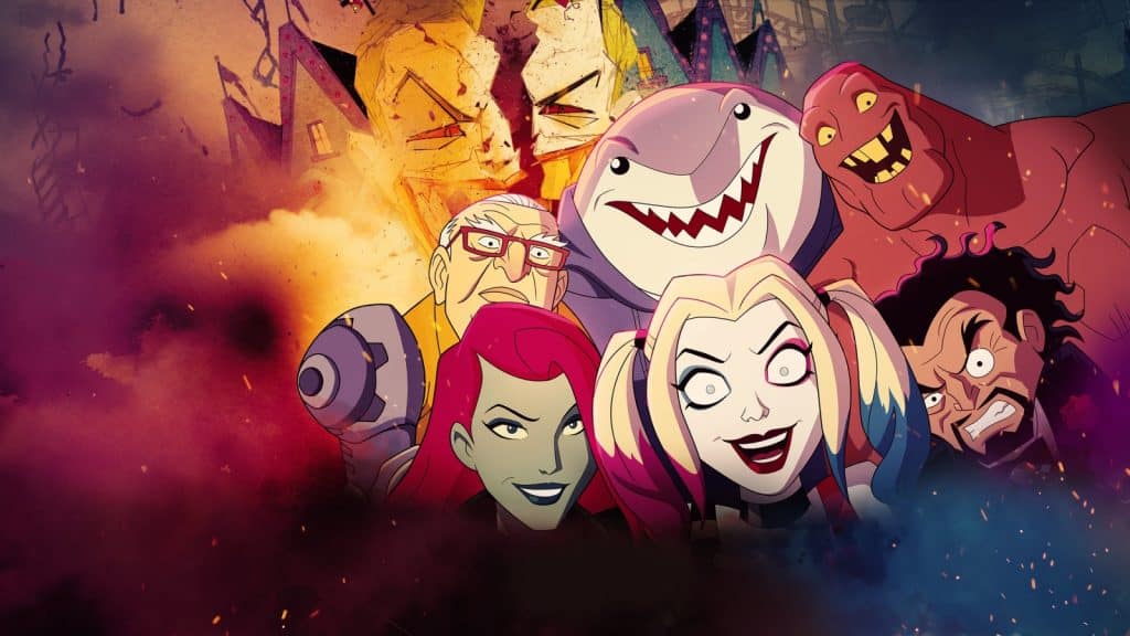 Harley Quinn poster featuring the main cast and an explosion