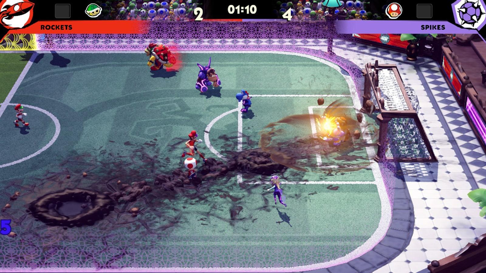 A screenshot of an online match in Mario Strikers Battle League