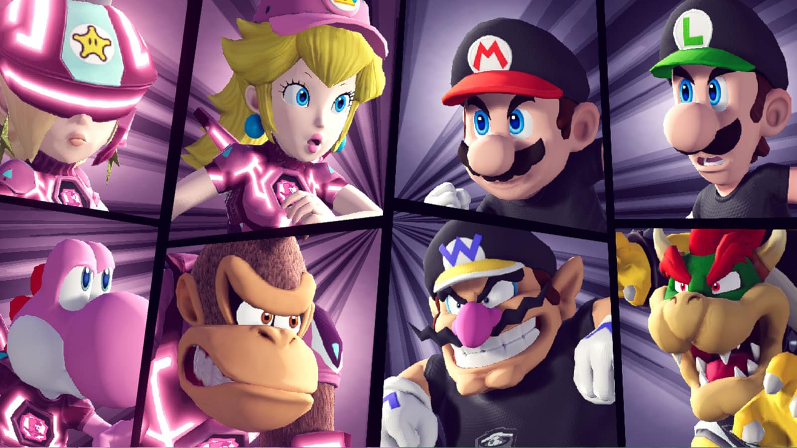 A screenshot of various players in Mario Strikers Battle League