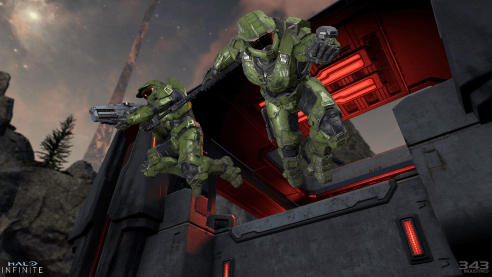 2 Master Chief's jumping off a building