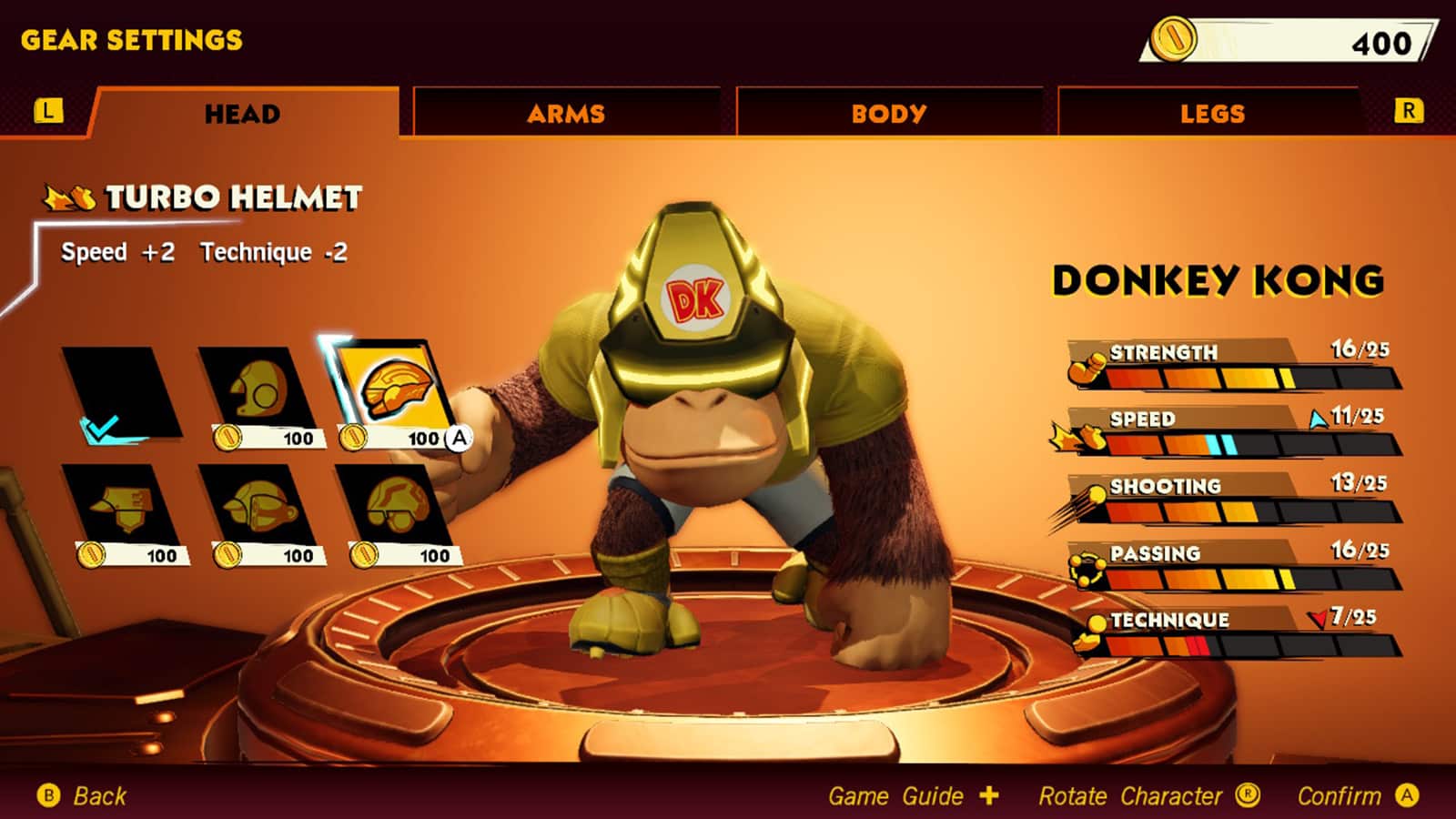 A screenshot of the gear menu in Mario Strikers Battle League