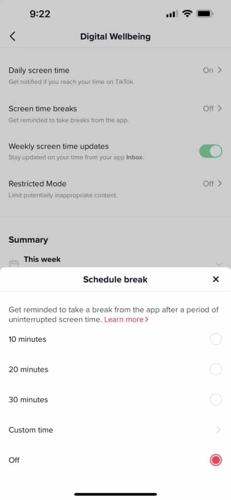 Screenshot showing screen time break feature