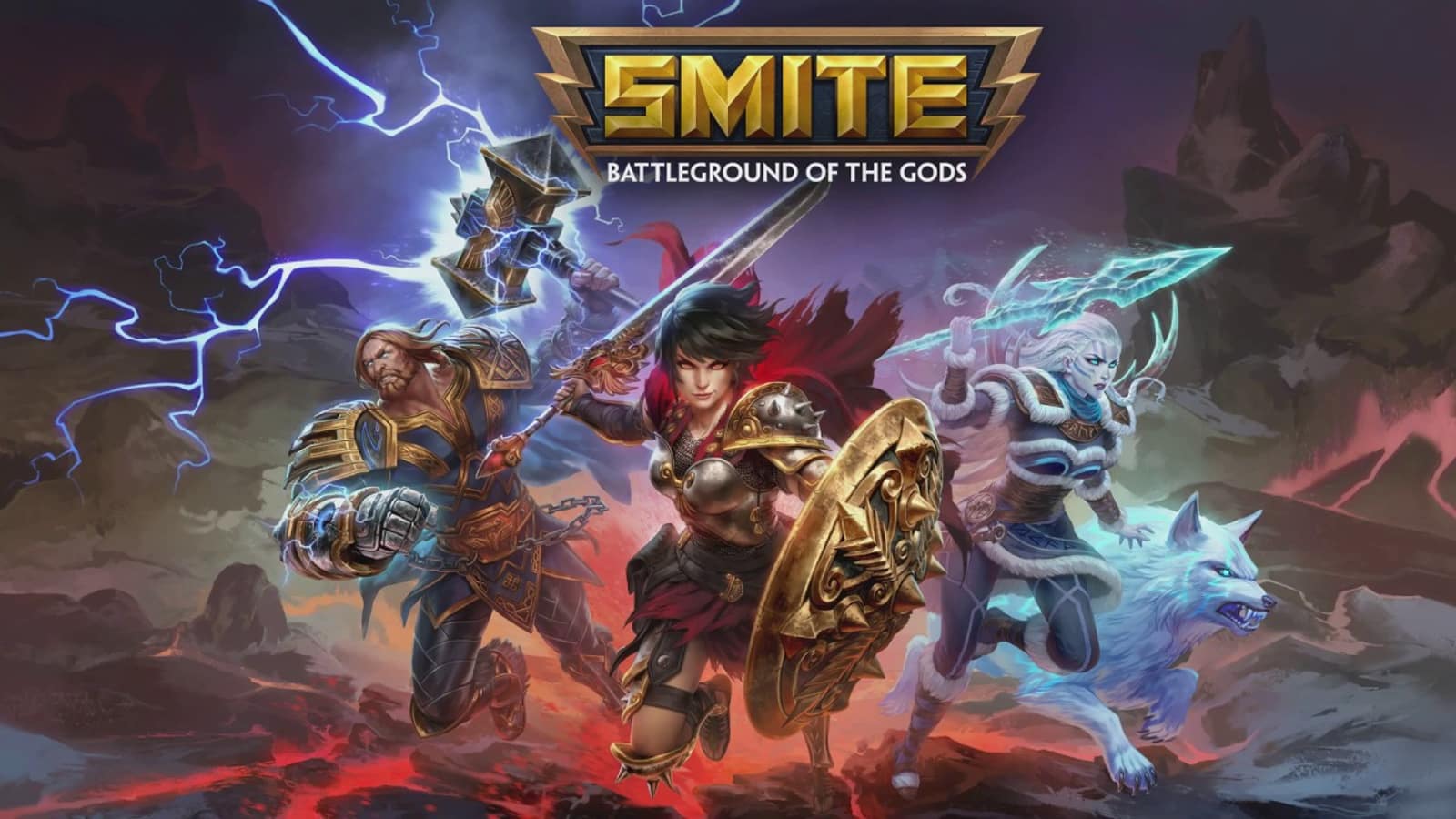 Smite's launch screen featuring Bellon, Thor, and Skadi.
