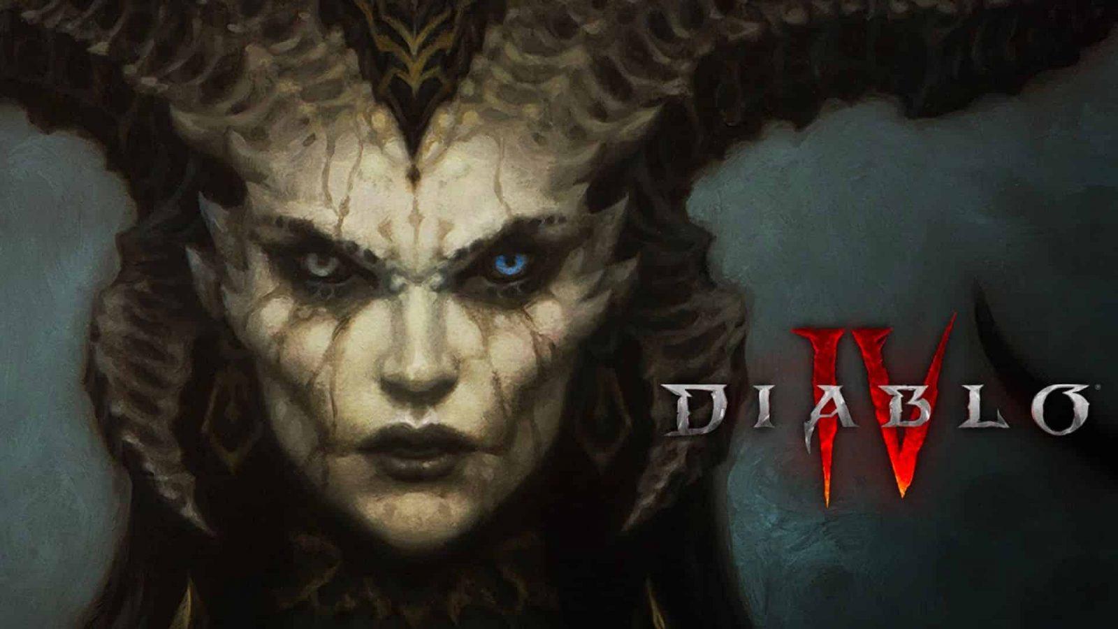 Lilith in Diablo looking menacing with Diablo 4 logo on right of screen