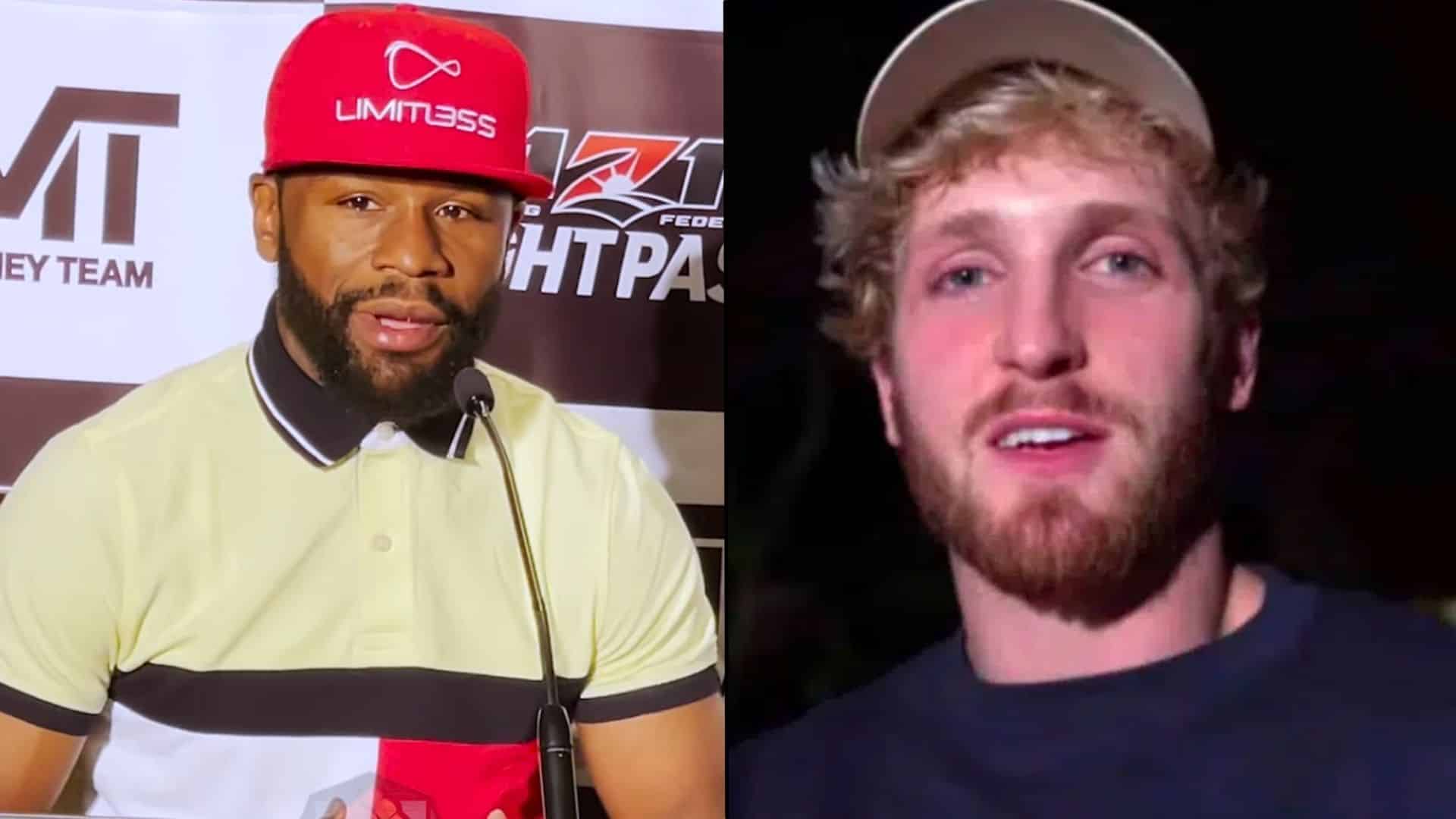 Logan Paul and Floyd Mayweather talking to camera side-by-side