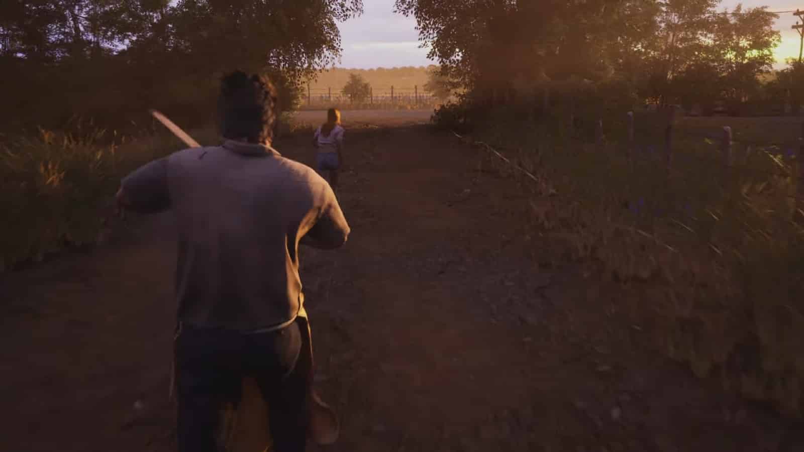 Leatherface chases a victim in the Texas Chainsaw Massacre game.