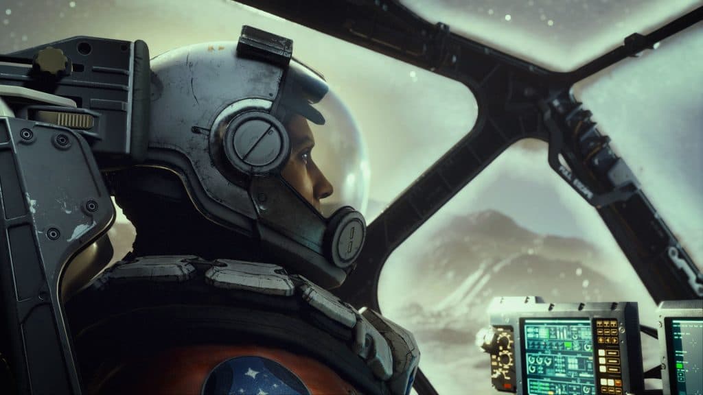 Starfield screenshot showing the cockpit of a spaceship with a player inside.