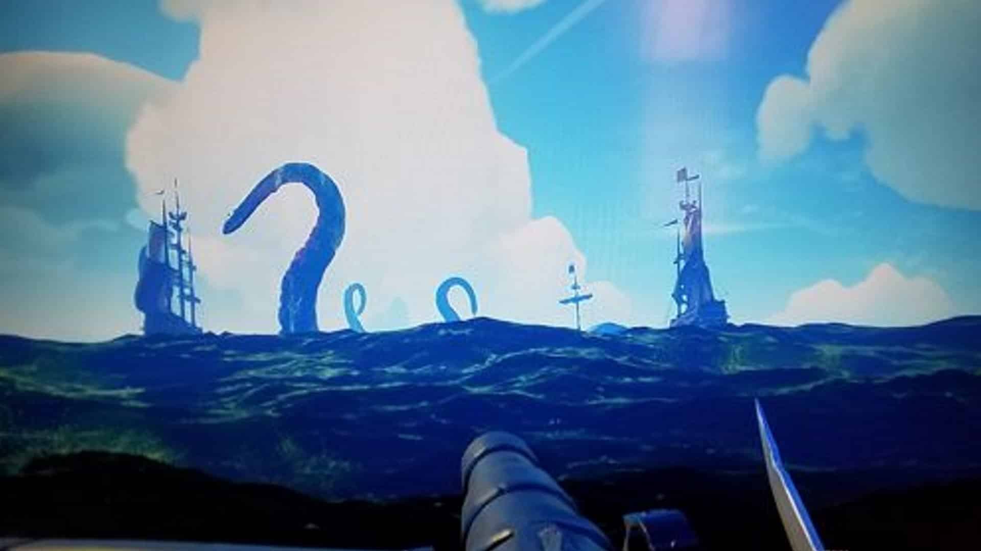 sea of thieves kraken attacks a ship wile two others sail by