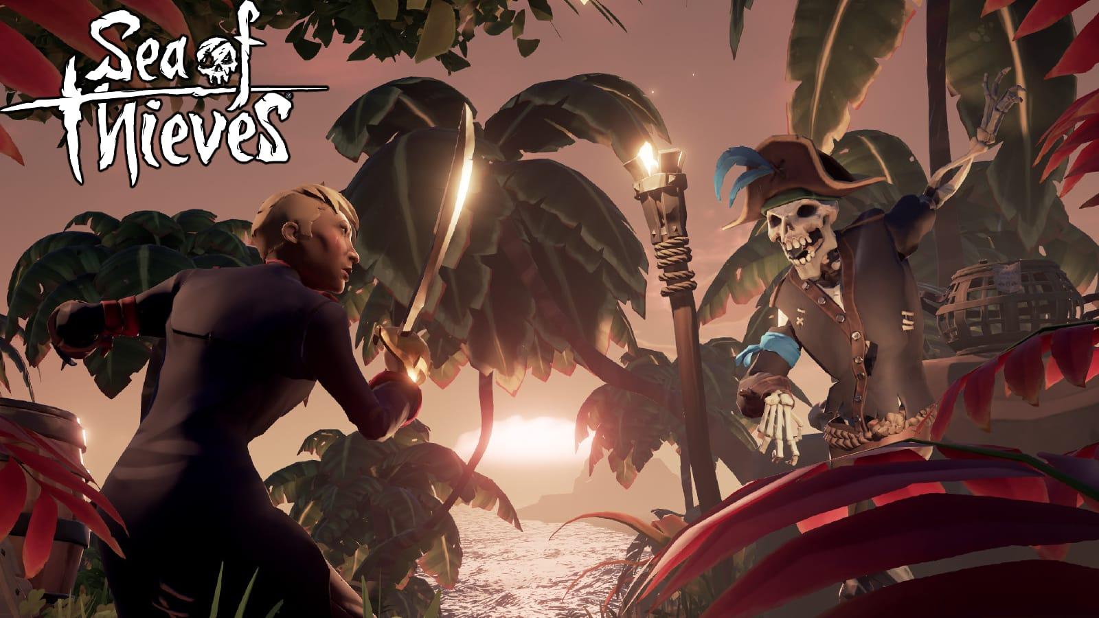 sea of thieves pirate fights a skeleton