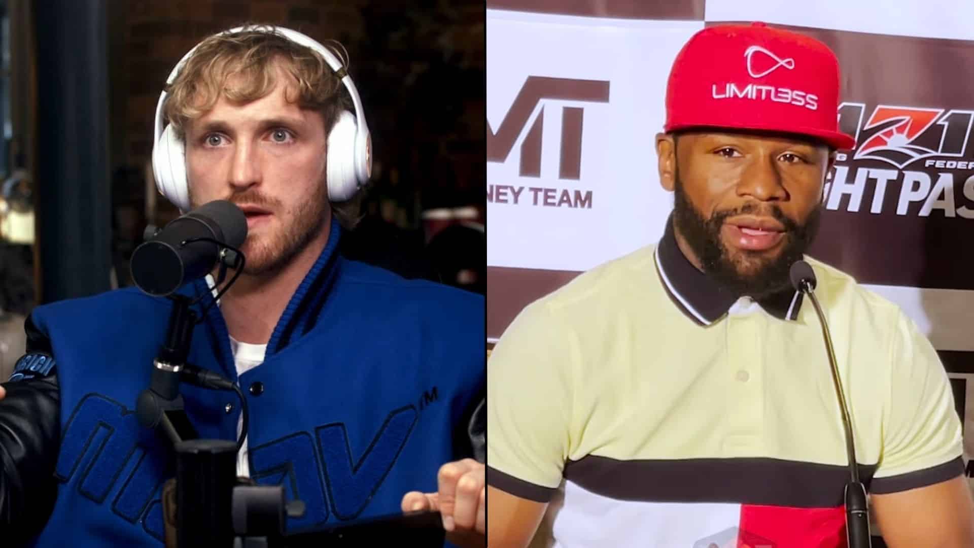 Logan Paul and Floyd Mayweather talking into microphones
