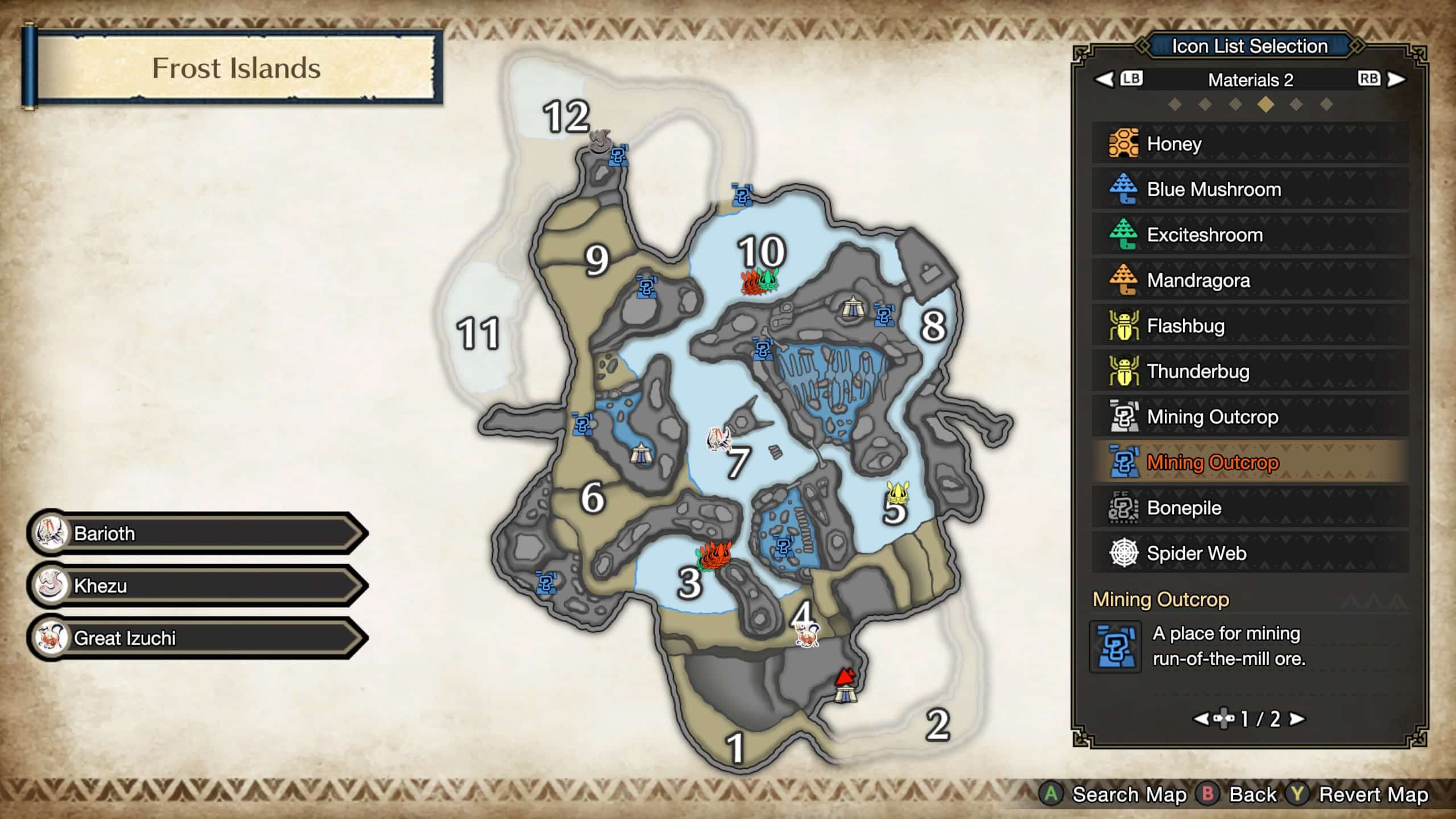screenshot of all the locations where you can find Forcium ore in Monster Hunter Rise: Sunbreak