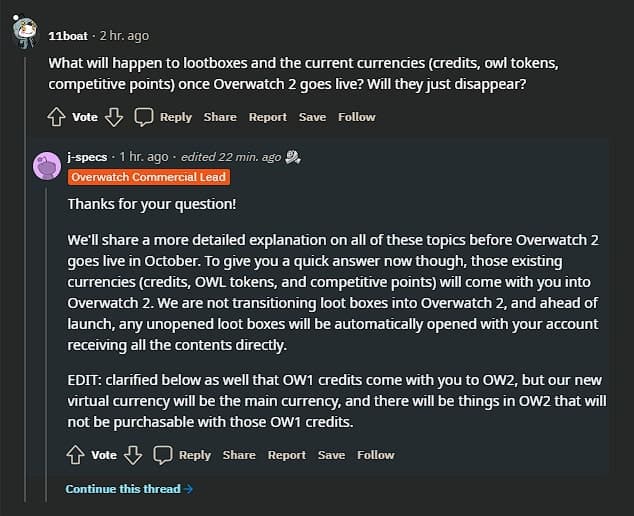 screenshot of overwatch 2 reddit ama currency transfer and loot boxes