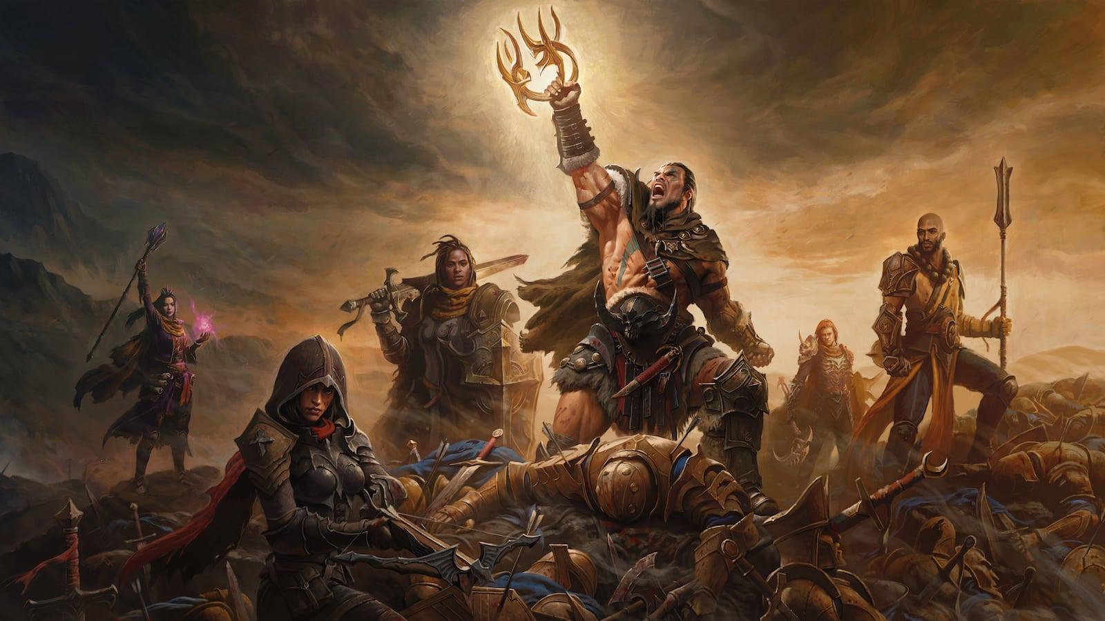 diablo immortal shadows defeat immortal barbarian stands with crown while wizard necromancer monk demon hunter and paladin look at him