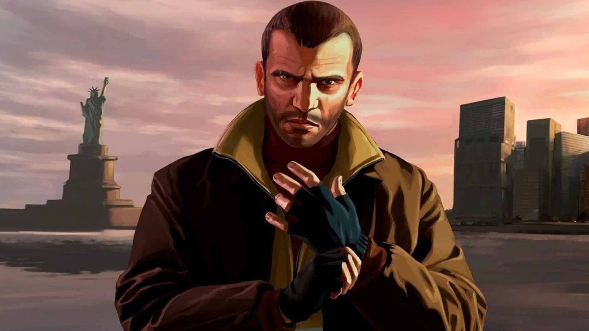 Niko from GTA IV posting in from of Statue of Liberty