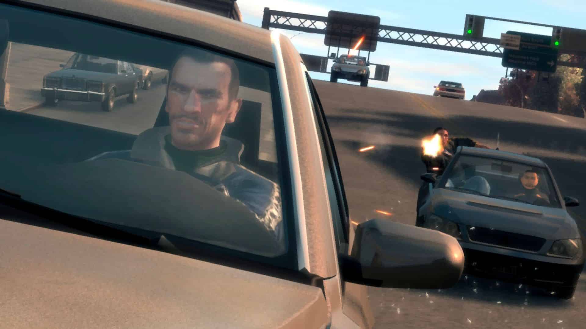 Niko Bellic in GTA IV being chased by another car who is shooting at him