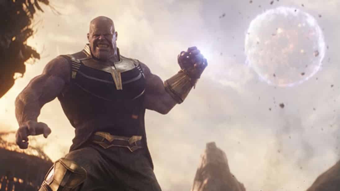 Josh Brolin as Thanos bringing down a moon in Avengers: Infinity War, the first of the MCU's two-part Infinity War finale.