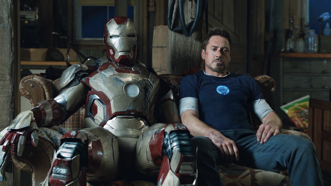 Tony Stark with a suit of armor in Iron Man 3 from Phase 2 of the Marvel Cinematic Universe.