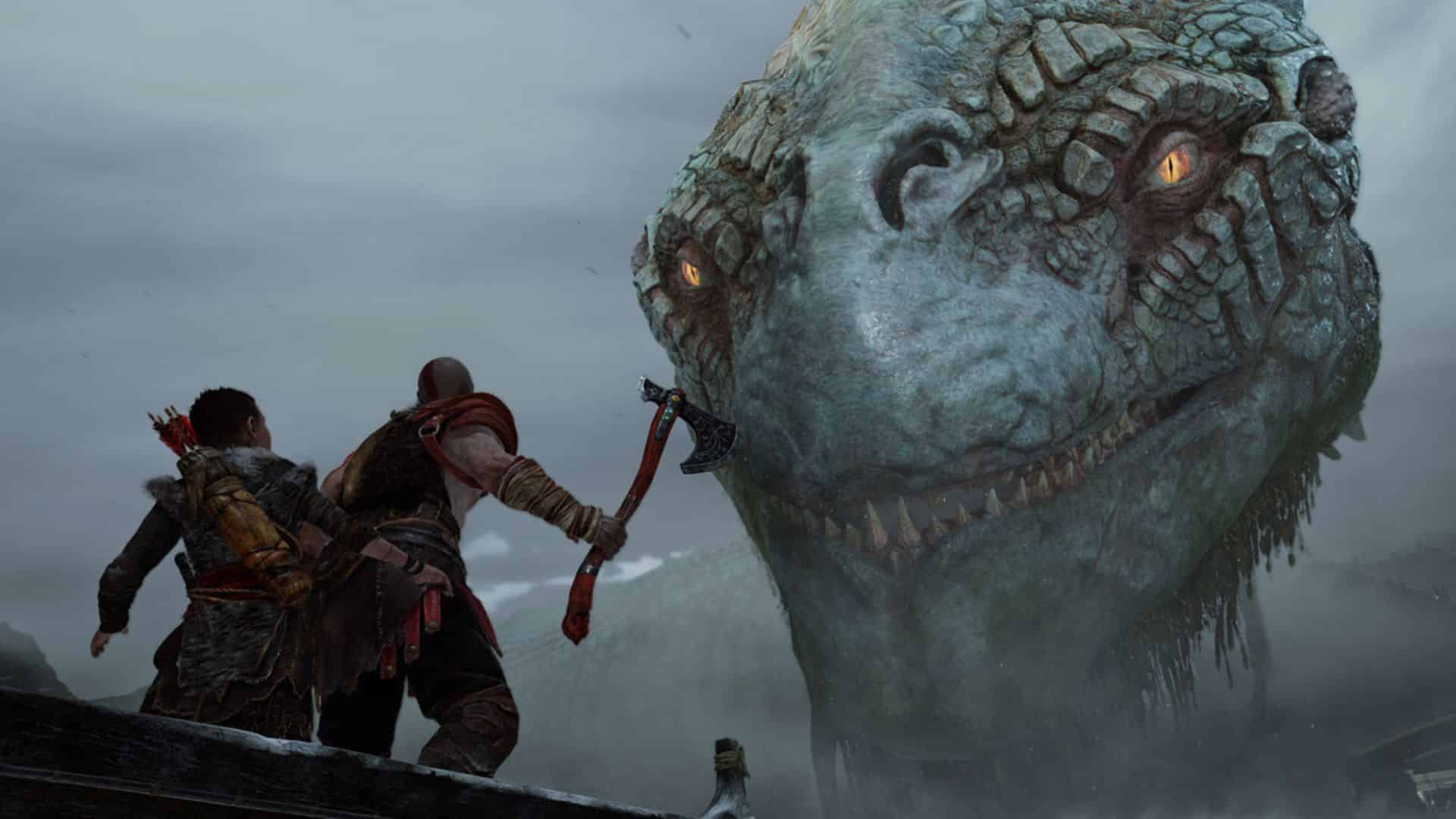 kratos and atreus talking to Jörmungandr