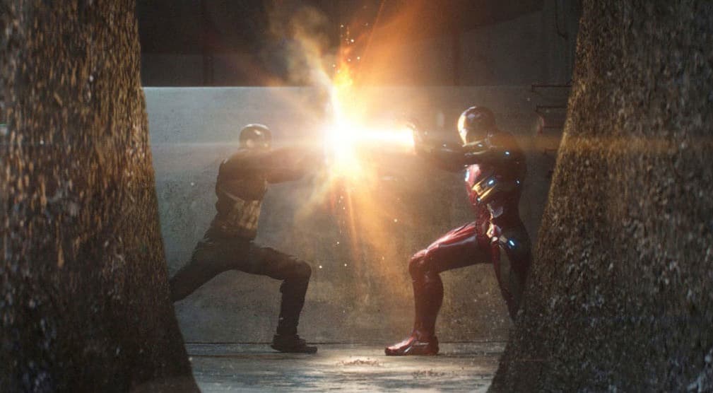 Captain America and Iron Man fighting in Civil War, one of the best Marvel Cinematic Universe movies.