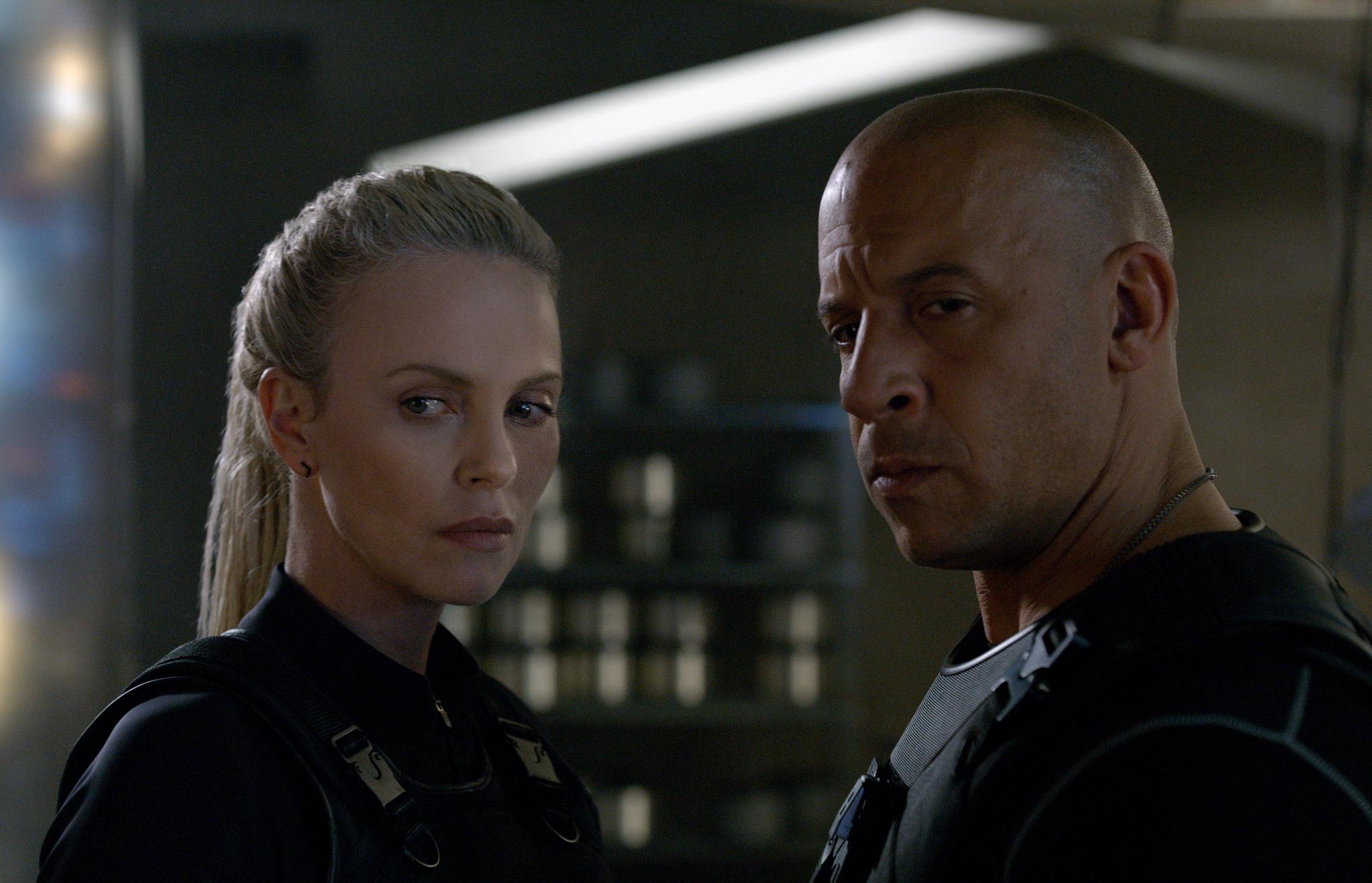 Charlize Theron and Vin Diesel in Fast and Furious 8.
