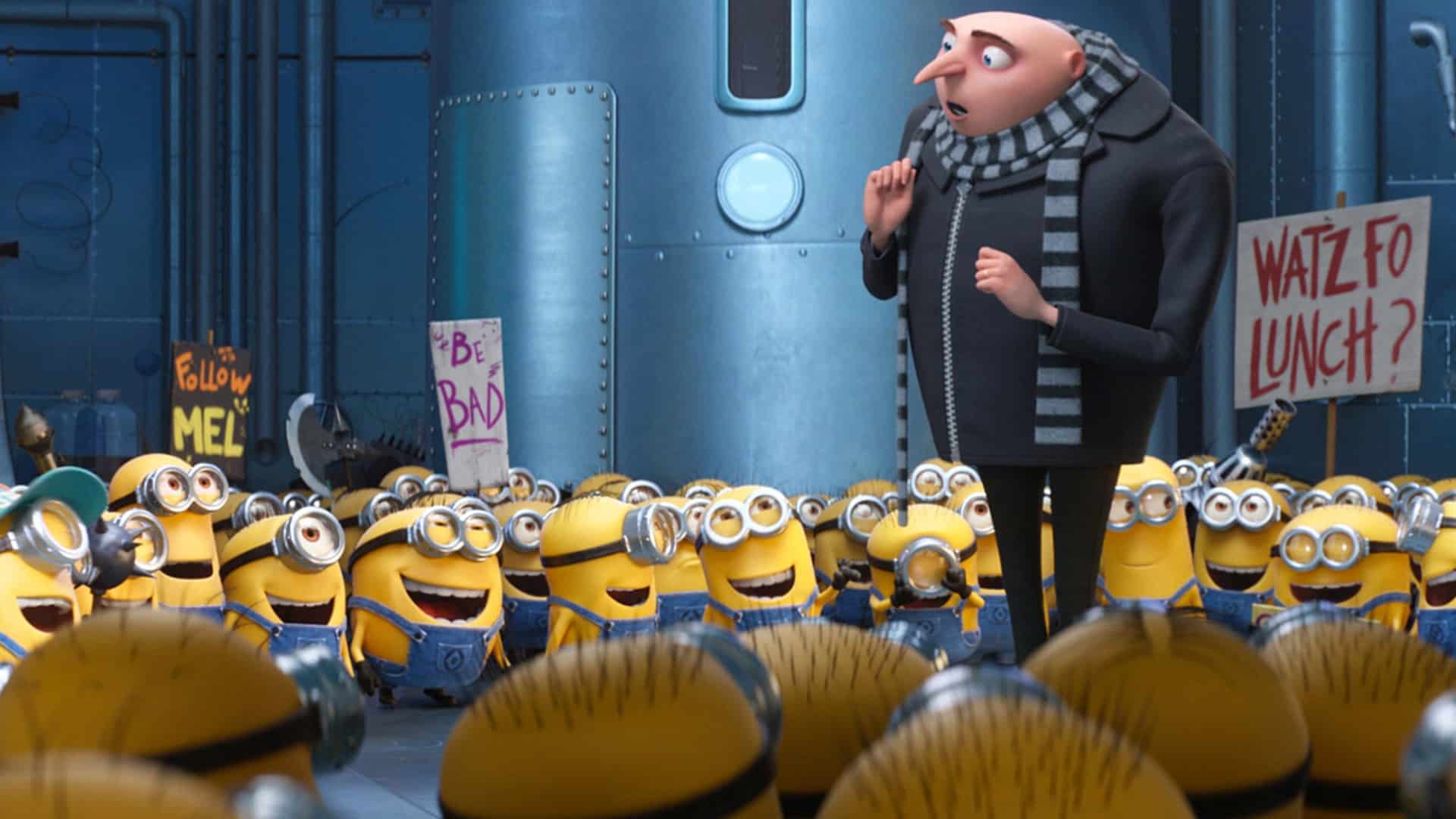 Gru surrounded by Minions in Illumination's Despicable Me 3.