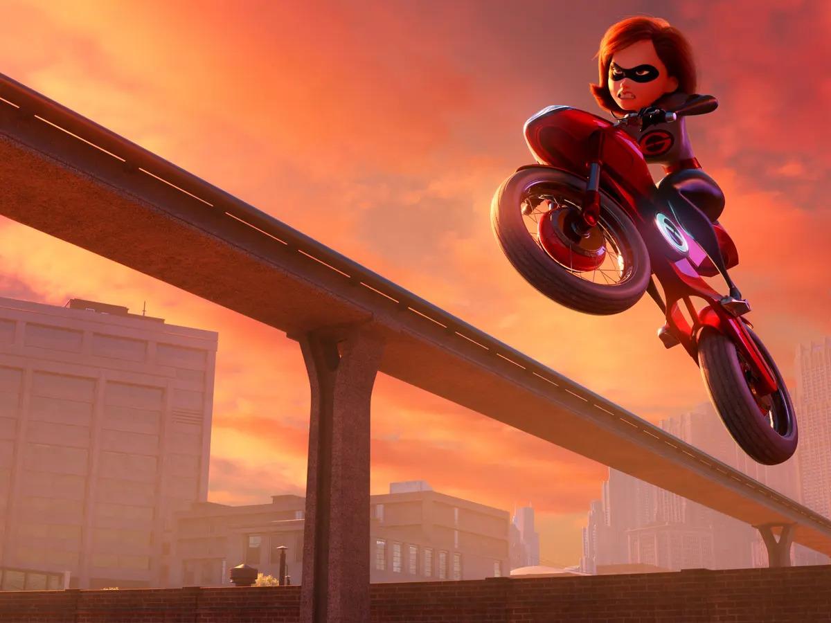 Elastigirl riding her motorcycle in Disney Pixar's The Incredibles 2.