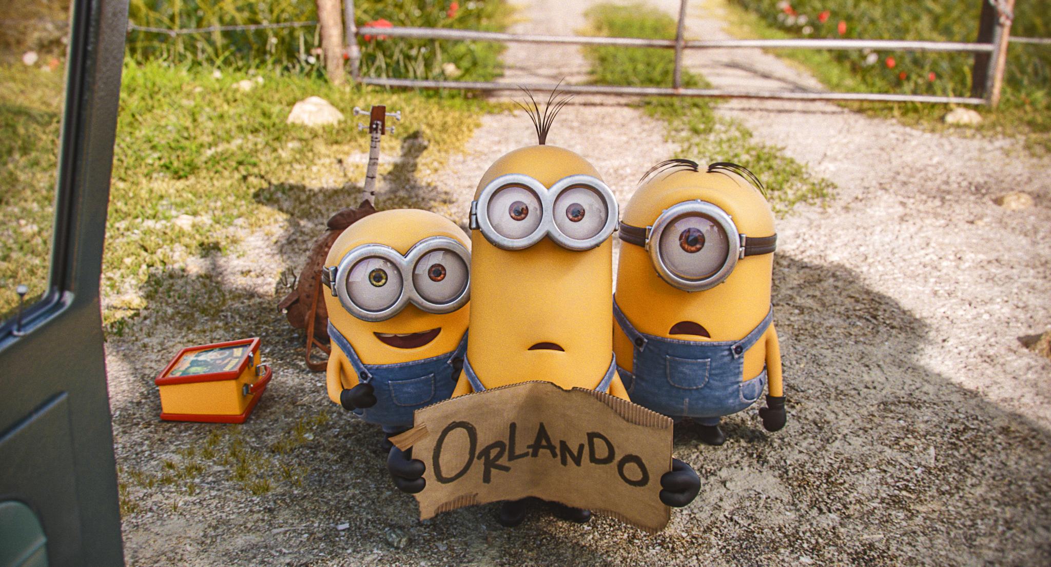 Minions holding an Orlando sign in 2015's Minions, an origin story for the Despicable Me characters.