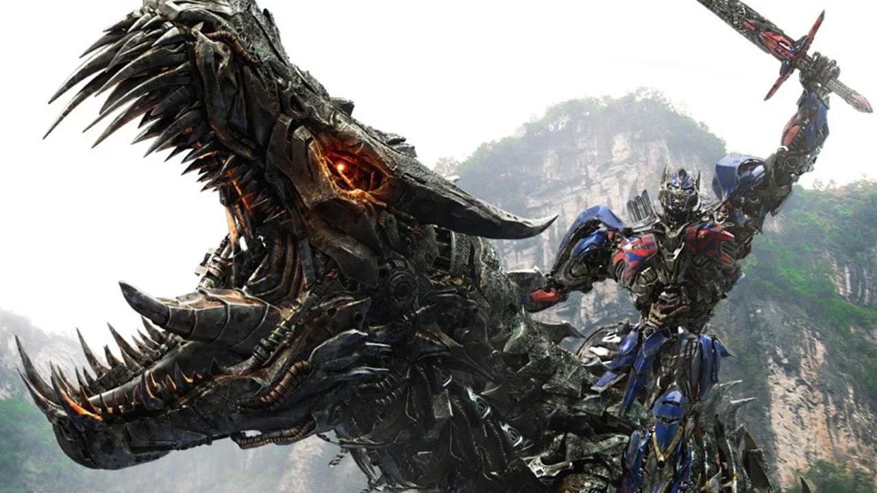 Optimus Prime riding a Dinobot in Michael Bay's Transformers: Age of Extinction.