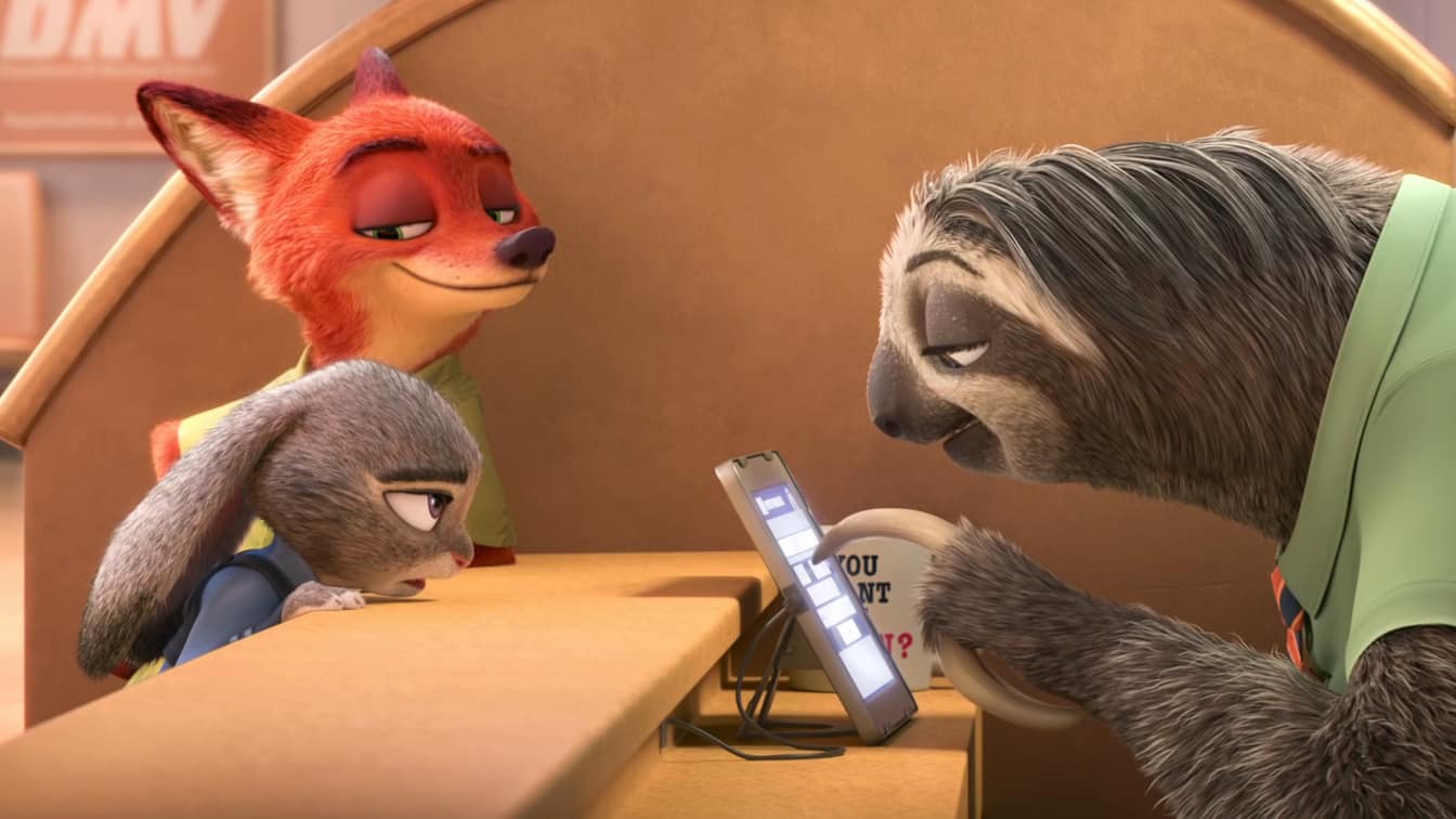 Judy Hopps, Nick Wilde and Flash the Sloth in Disney's Zootropolis, also known as Zootopia.