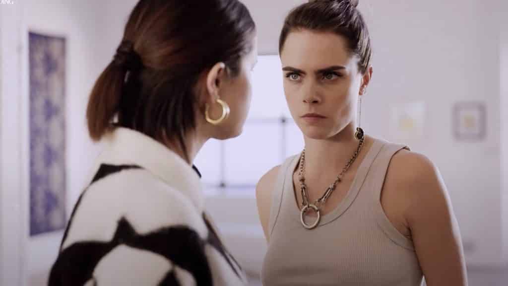Selena Gomez looking at Cara Delevingne in Season 2 of Only Murders in the Building.