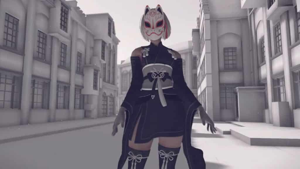 2B wearing a kitsune mask