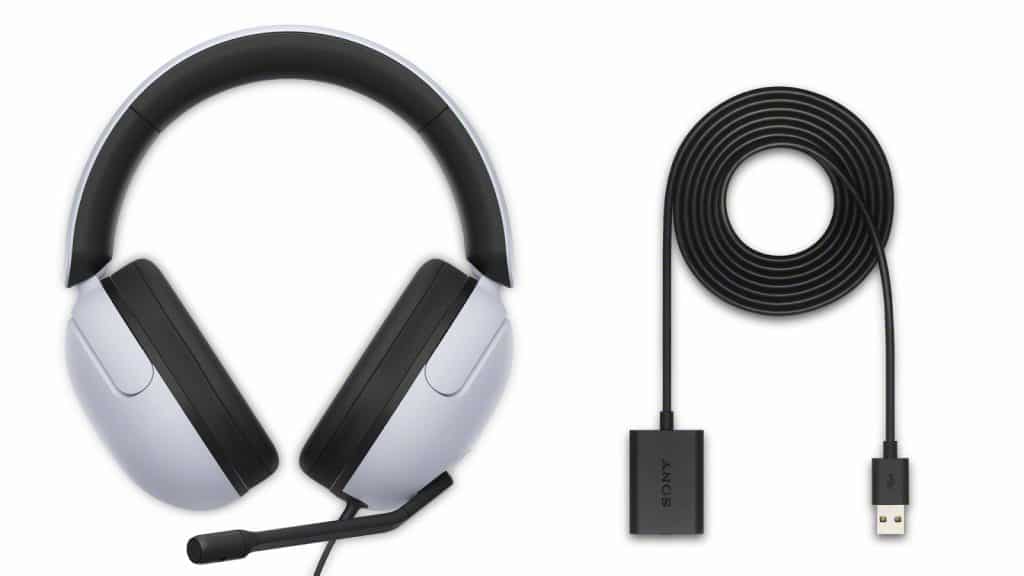 An official image of the Sony INZONE H3 gaming headset with a 3.5mm to USB-A cable.