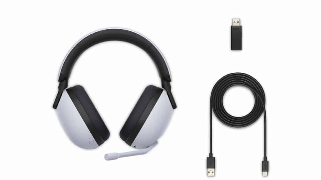 Sony INZONE H7 gaming headset with USB-C cable and dongle