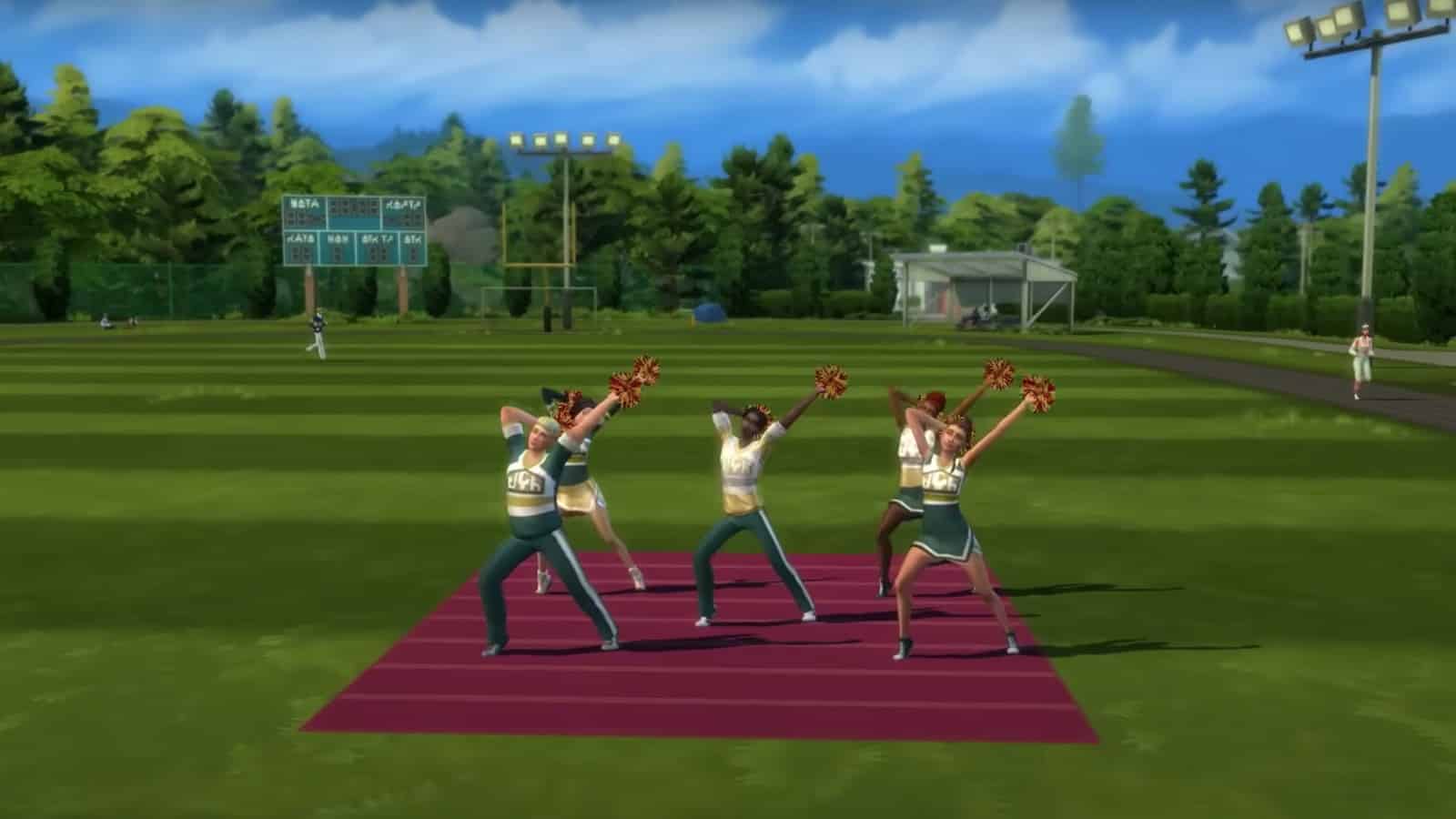 The Sims 4 High School Years screenshot featuring a cheerleader squad during practice on the football field.