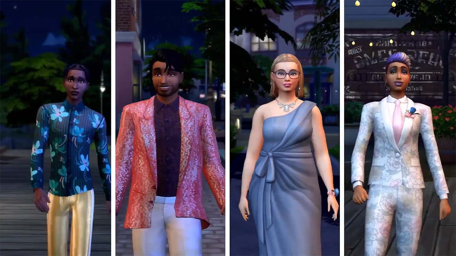 Four Sims walking in The Sims