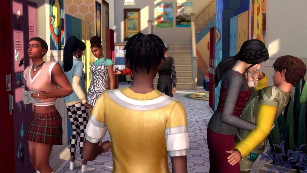 A high school corridor in The Sims 4
