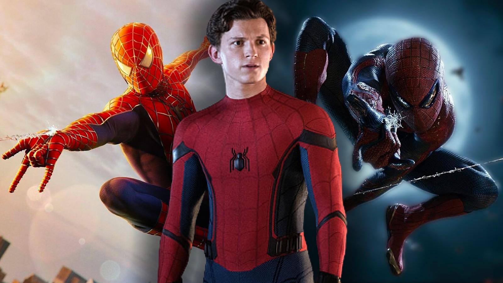 Tom Holland as Spider-Man and stills from the other Spider-Man movies