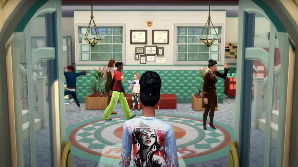 The Sims 4 High School Years screenshot featuring a student walking into school.