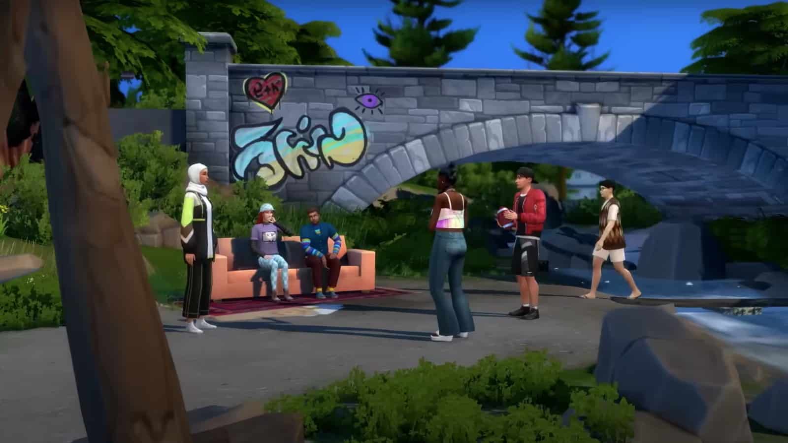 The Sims 4 High School Years screenshot featuring a group of student's on campus grounds.