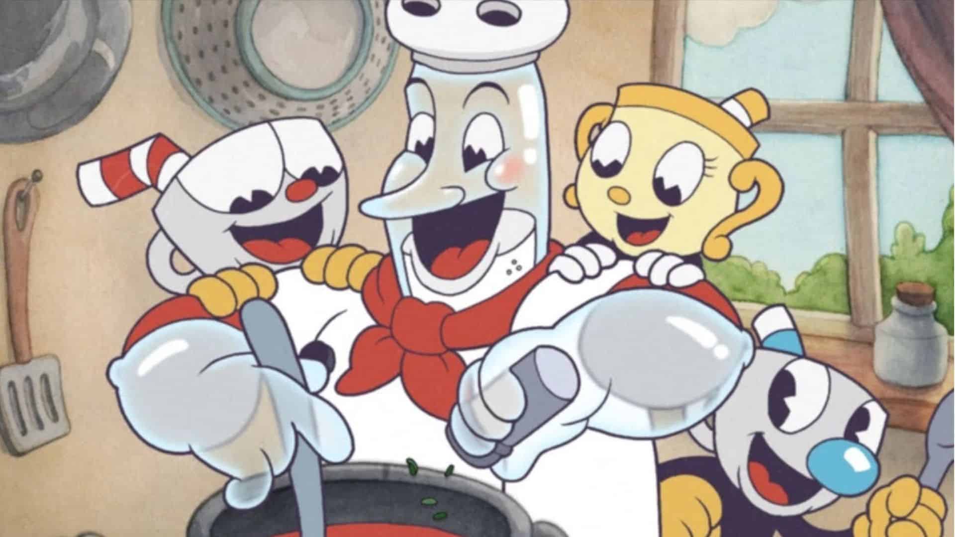 cuphead, mugman, ms chalice, and chef saltbaker in cuphead