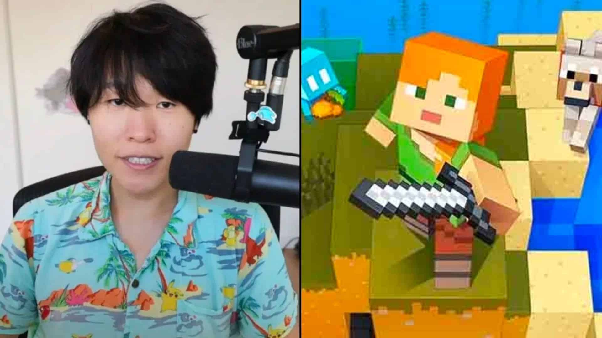 Disguised Toast side-by-side with Minecraft character holding sword