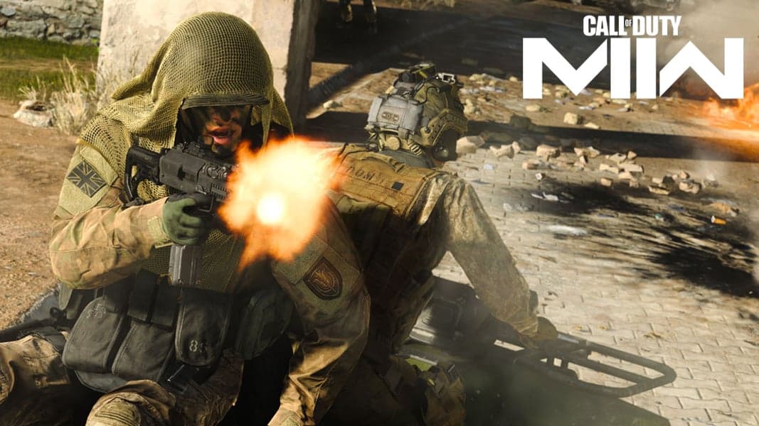 Modern Warfare characters in gunfight next to MWII logo