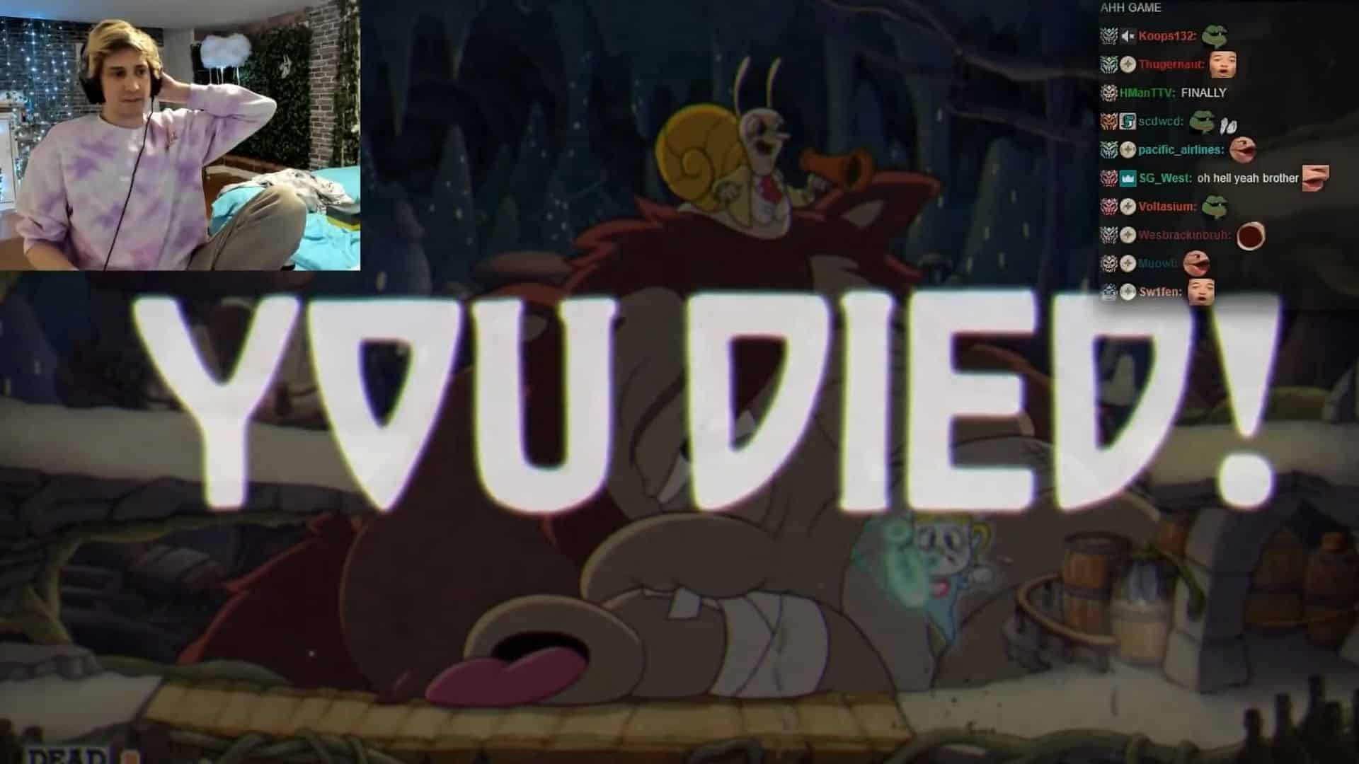 xqc on cuphead you died screen
