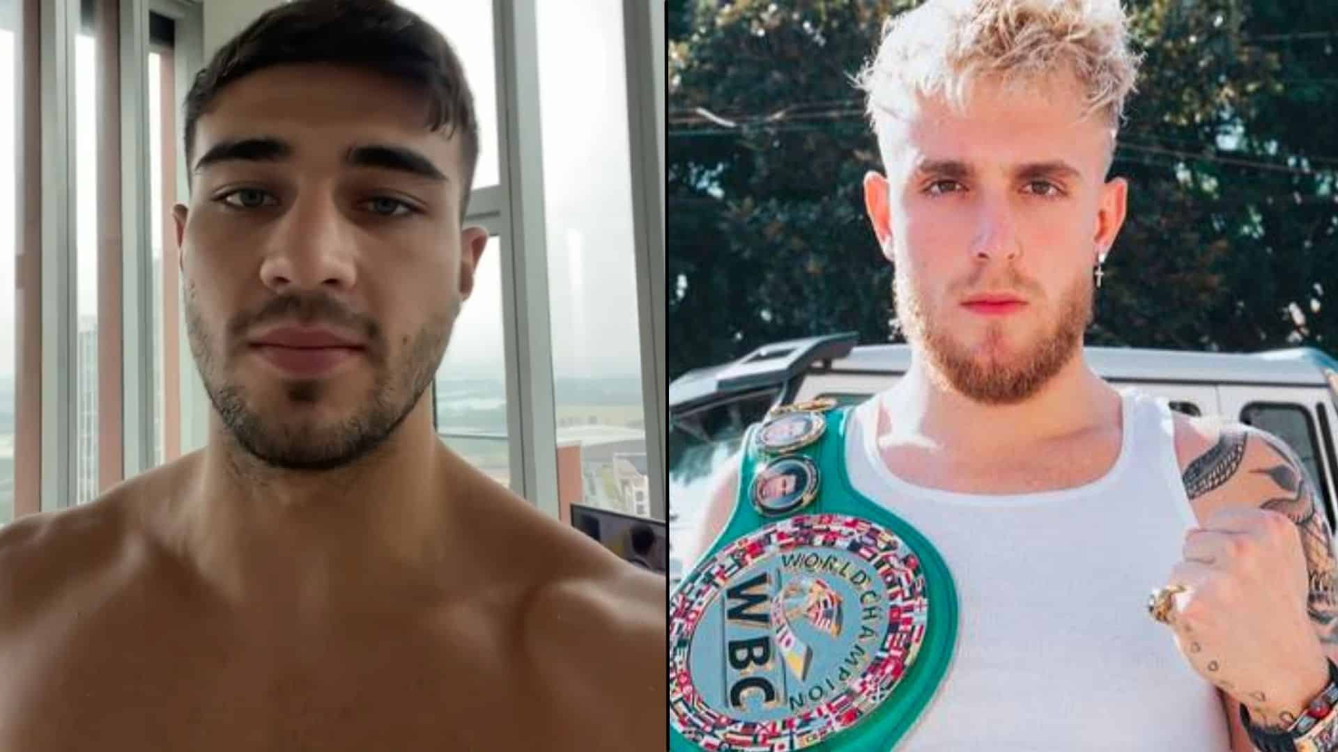 Tommy Fury and Jake Paul looking at camera and posing