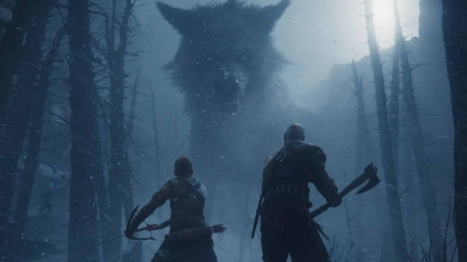 Kratos and Atreus face giant wolf