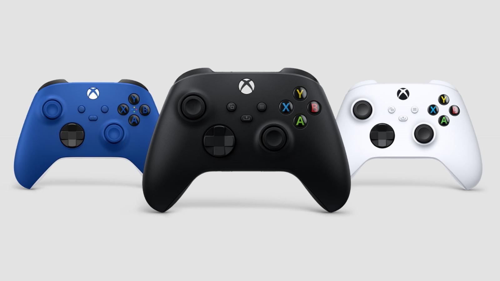 Xbox Series Controllers in Blue, Black and White