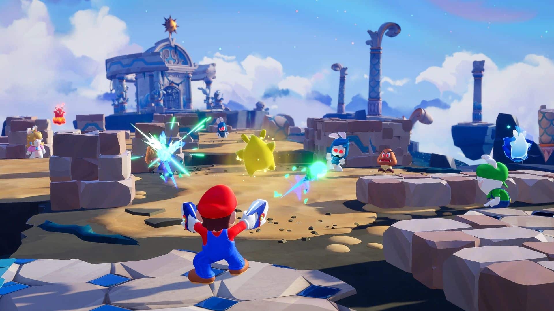 Mario attacking enemies in Mario + Rabbids Sparks of Hope