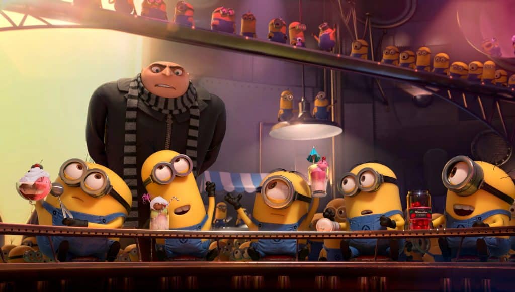 A still from Despicable Me 2, featuring Gru and his Minions.