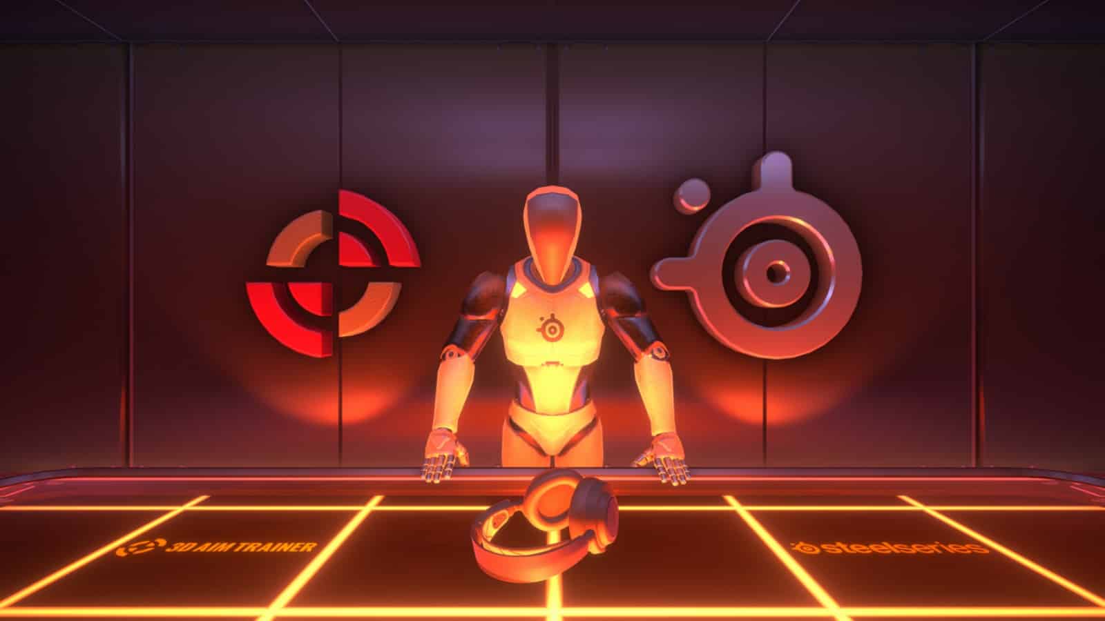 A render of the Aim Trainer on a grid background with the Steelseries and 3D Aim Trainer logos