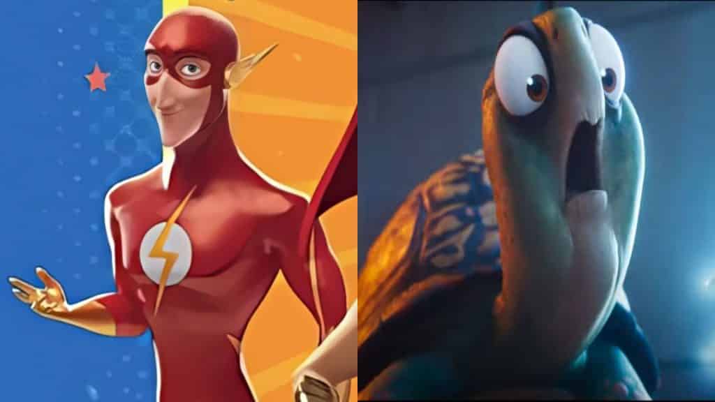 The Flash and Merton the turtle, two DC League of Super-Pets characters